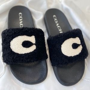 Coach Ulla black Sherpa flat slip on slides logo sandals